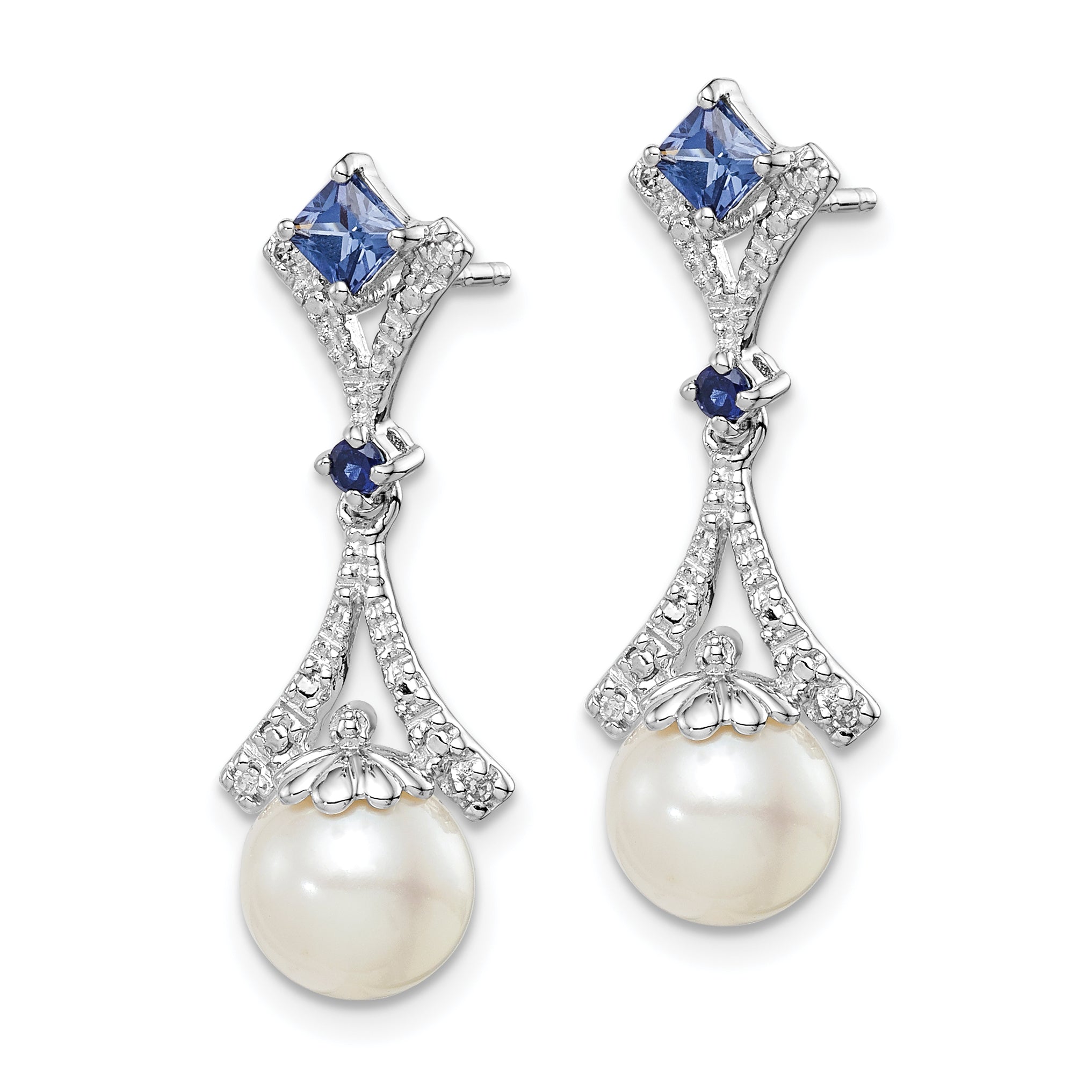 Sophia Jewelers Sterling Silver Drop Earrings with Diamonds, Freshwater Pearls, and Lab-Created Sapphires Secondary image