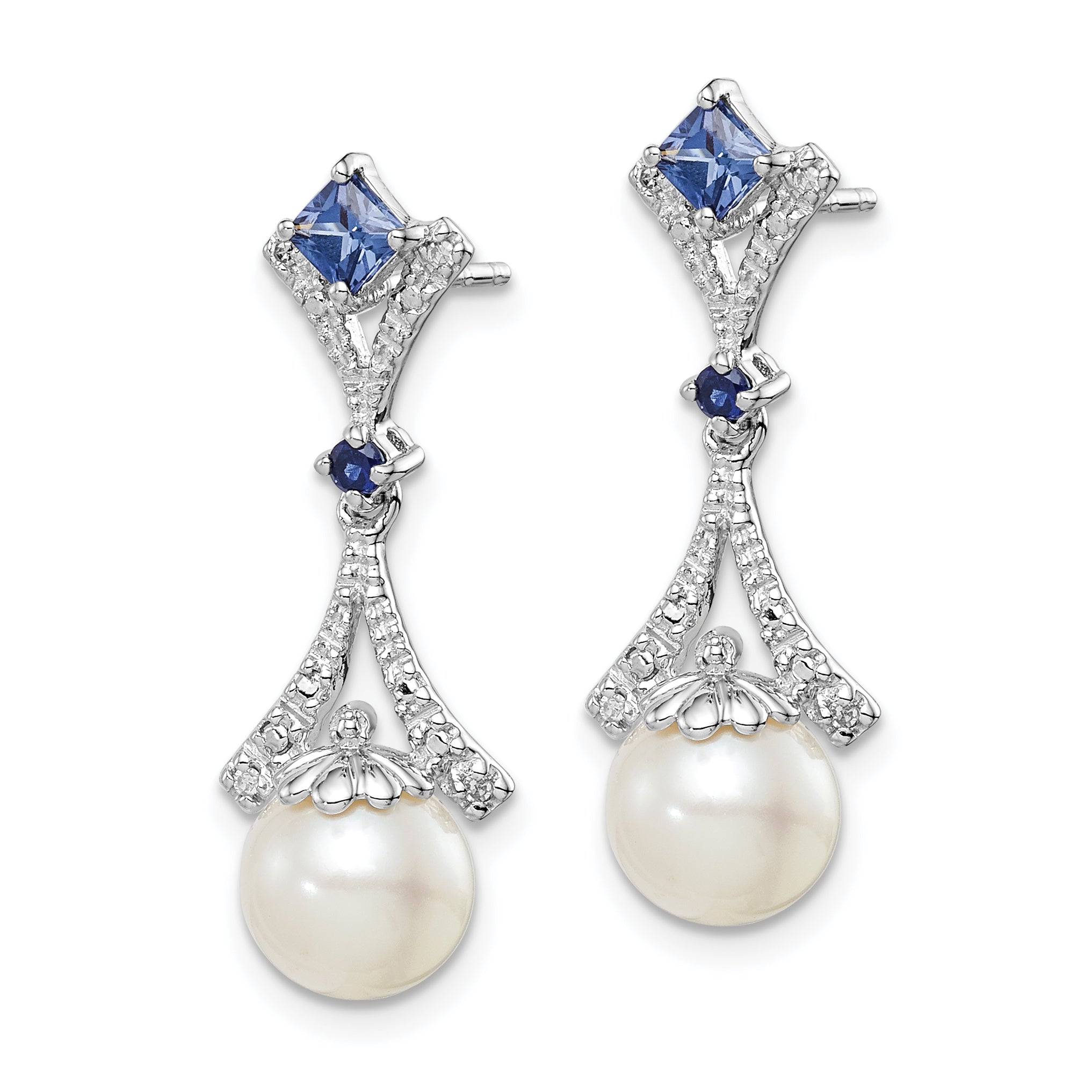 Sterling Silver Rhod Plated Dia. FW Cultured Pearl/Cr. Sapphire Ear