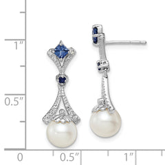 Sterling Silver Rhod Plated Dia. FW Cultured Pearl/Cr. Sapphire Ear