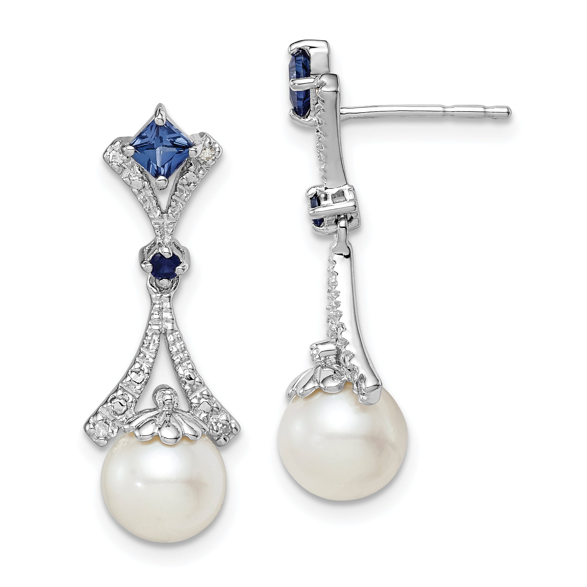 Sterling Silver Rhod Plated Dia. FW Cultured Pearl/Cr. Sapphire Ear Main image