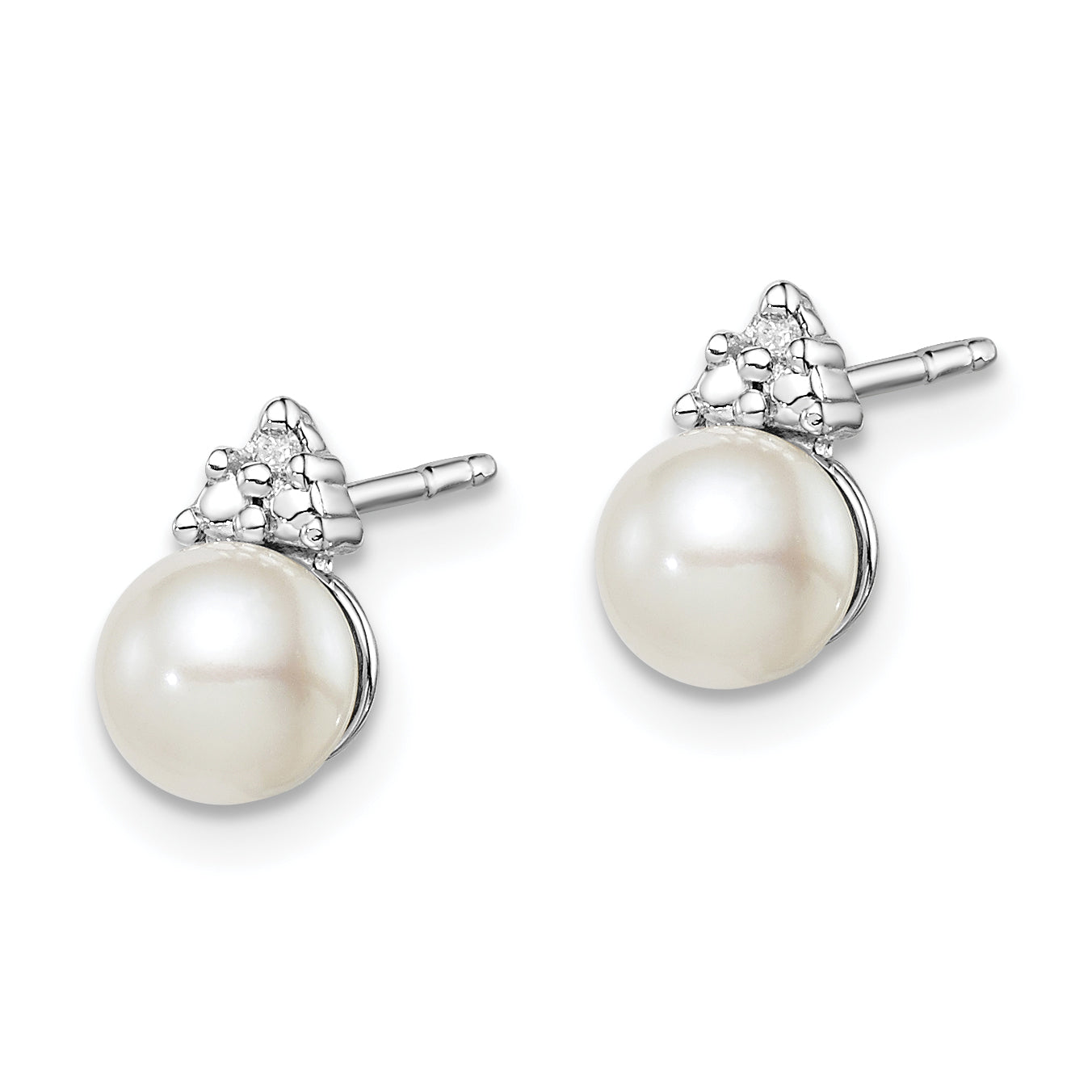 Sterling Silver Diamond and Freshwater Pearl Earrings with Rhodium Plating, Polished Finish