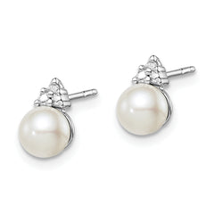 Sterling Silver Diamond and Freshwater Pearl Earrings with Rhodium Plating, Polished Finish