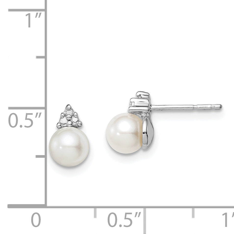 Sterling Silver Diamond and Freshwater Pearl Earrings with Rhodium Plating, Polished Finish