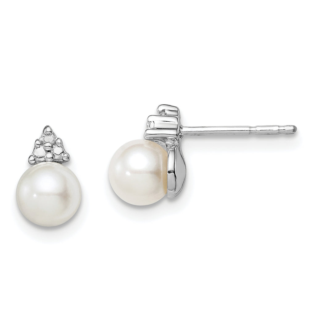 Sterling Silver Rhod Plated Diamond and FW Cultured Pearl Post Ear