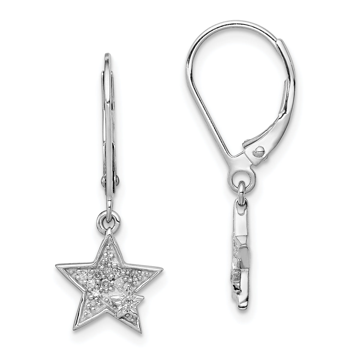 Sterling Silver Rhodium Plated Diamond Star Leverback Earrings
