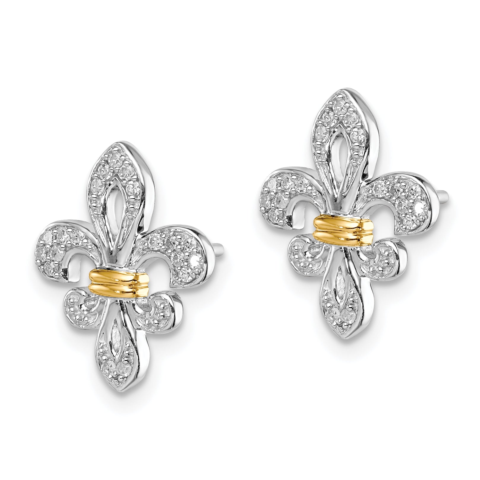 Sterling Silver Rhodium & 14k Yellow Gold Diam. Fleur de Lis Post Earrings