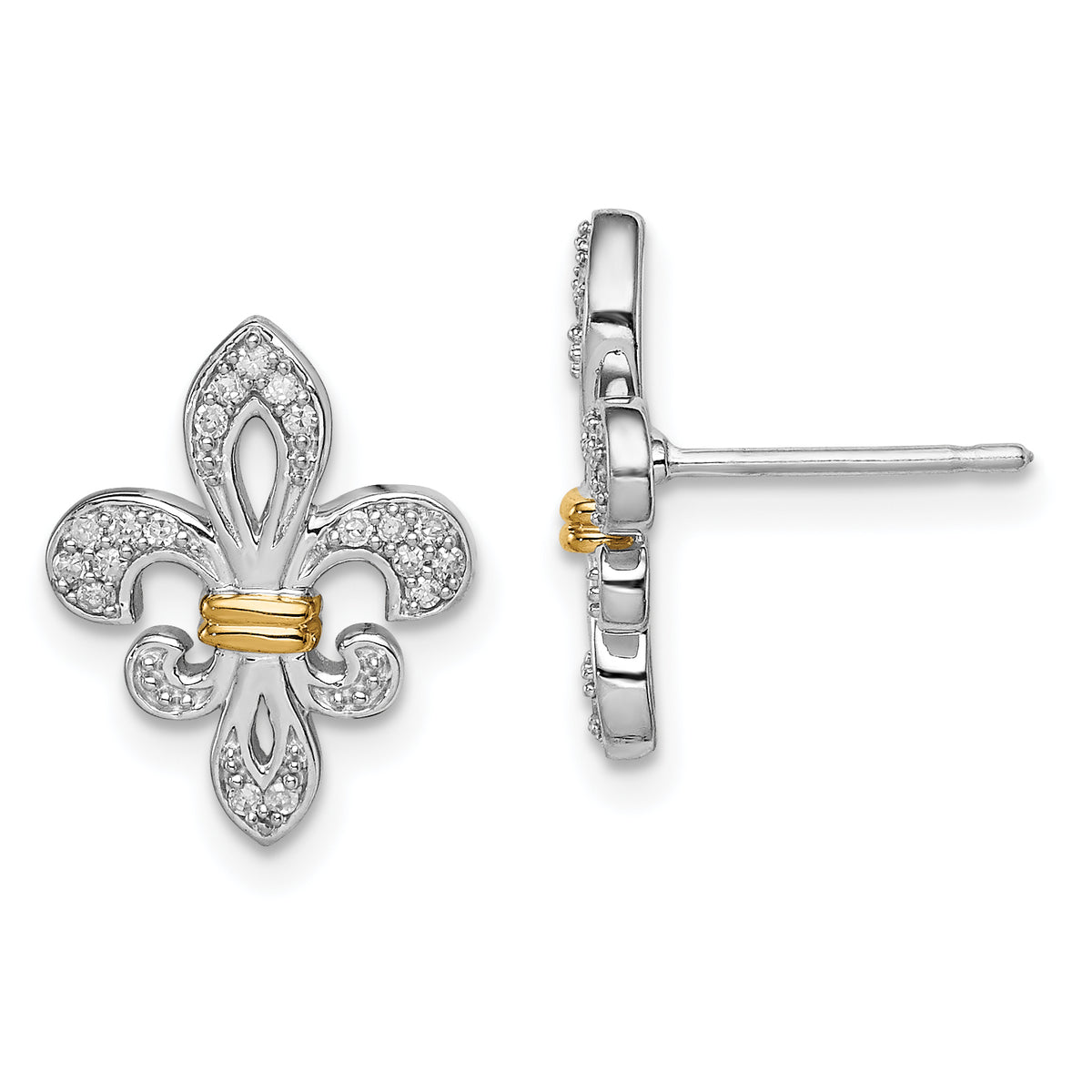 Sterling Silver Rhodium & 14k Yellow Gold Diam. Fleur de Lis Post Earrings