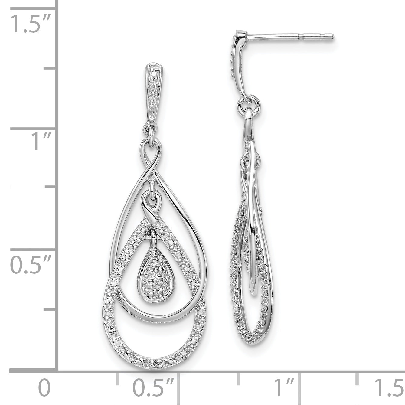 Sterling Silver 925 Diamond Dangle Earrings with Rhodium Plating, Polished Finish