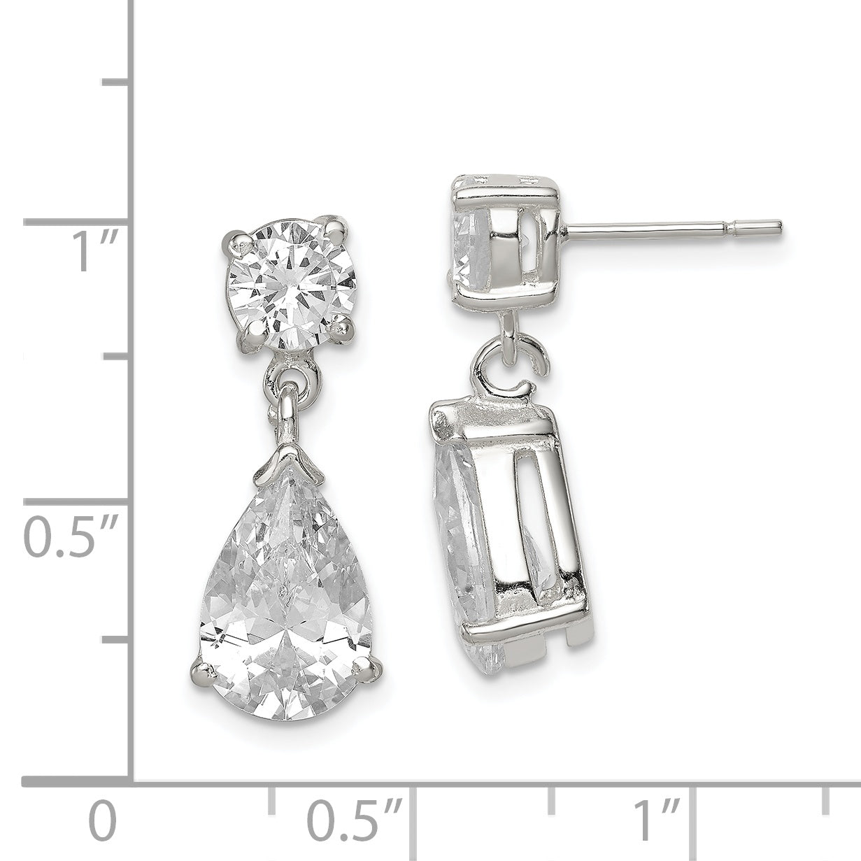 Sterling Silver Dangle Earrings with CZ Pear & Round Stones, Polished Finish
