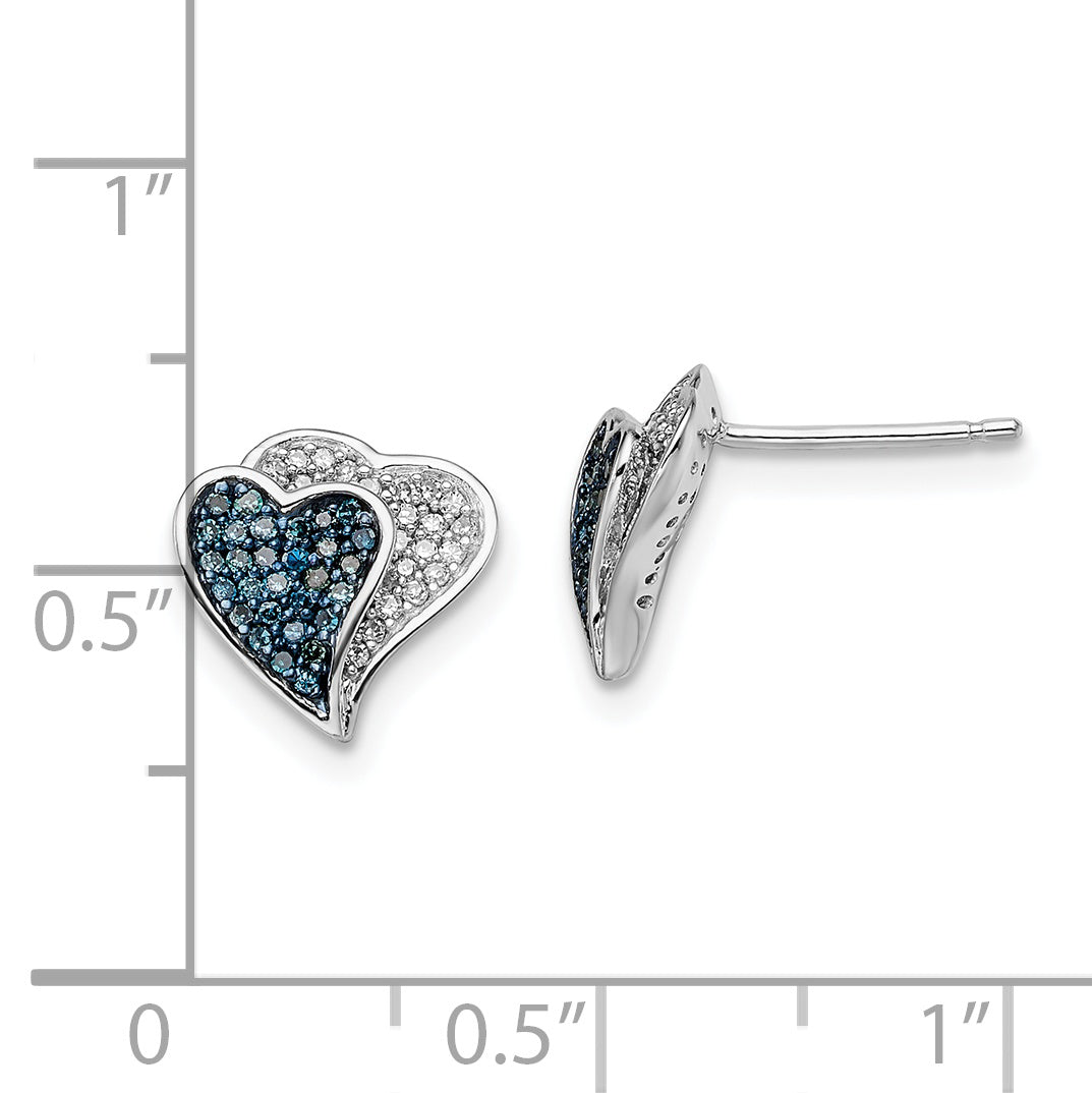 Sterling Silver Blue & White Diamond Heart Earrings Rhodium Plated Gift Ready