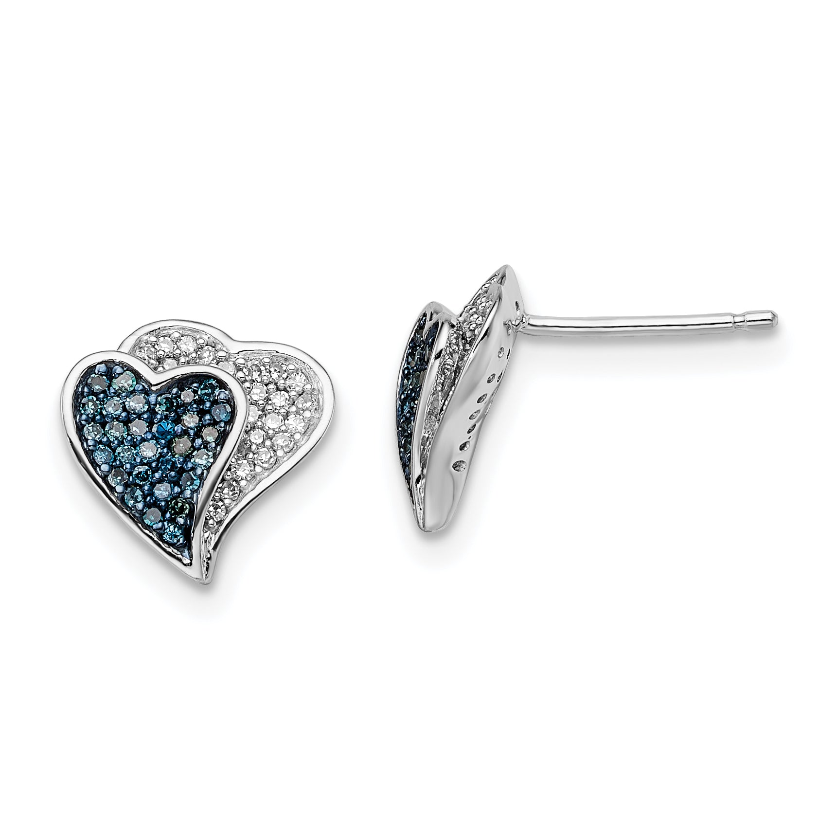 Sterling Silver Rhodium Plated Blue & White Diamond Hearts Earrings