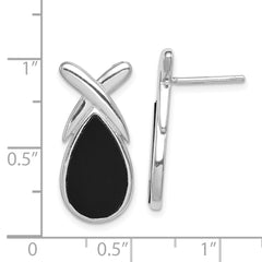 Sterling Silver Rhod-plated Polished Onyx Teardrop X Post Drop Earrings