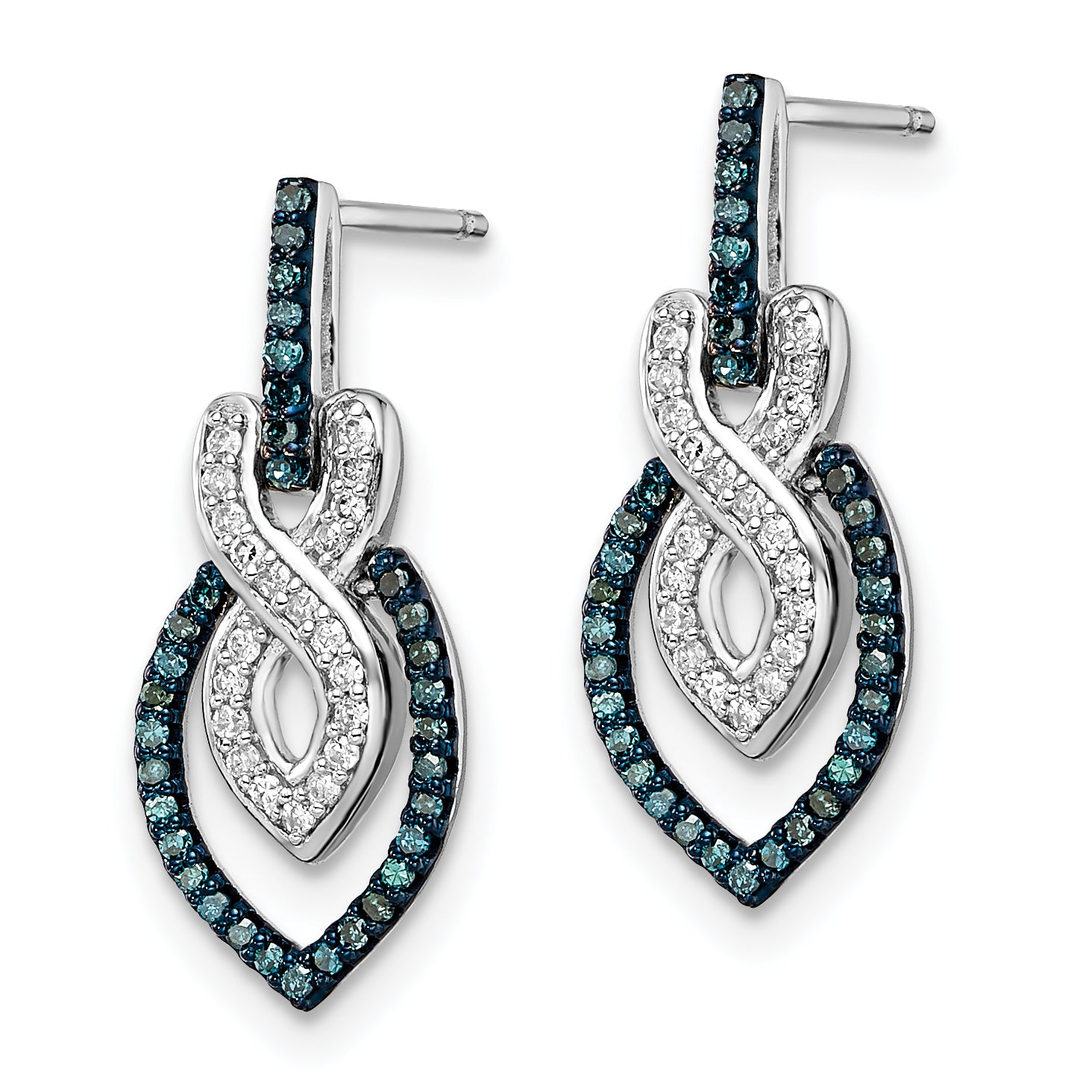White Night Sterling Silver Rhodium-plated Blue and White Diamond Dangle Post Earrings