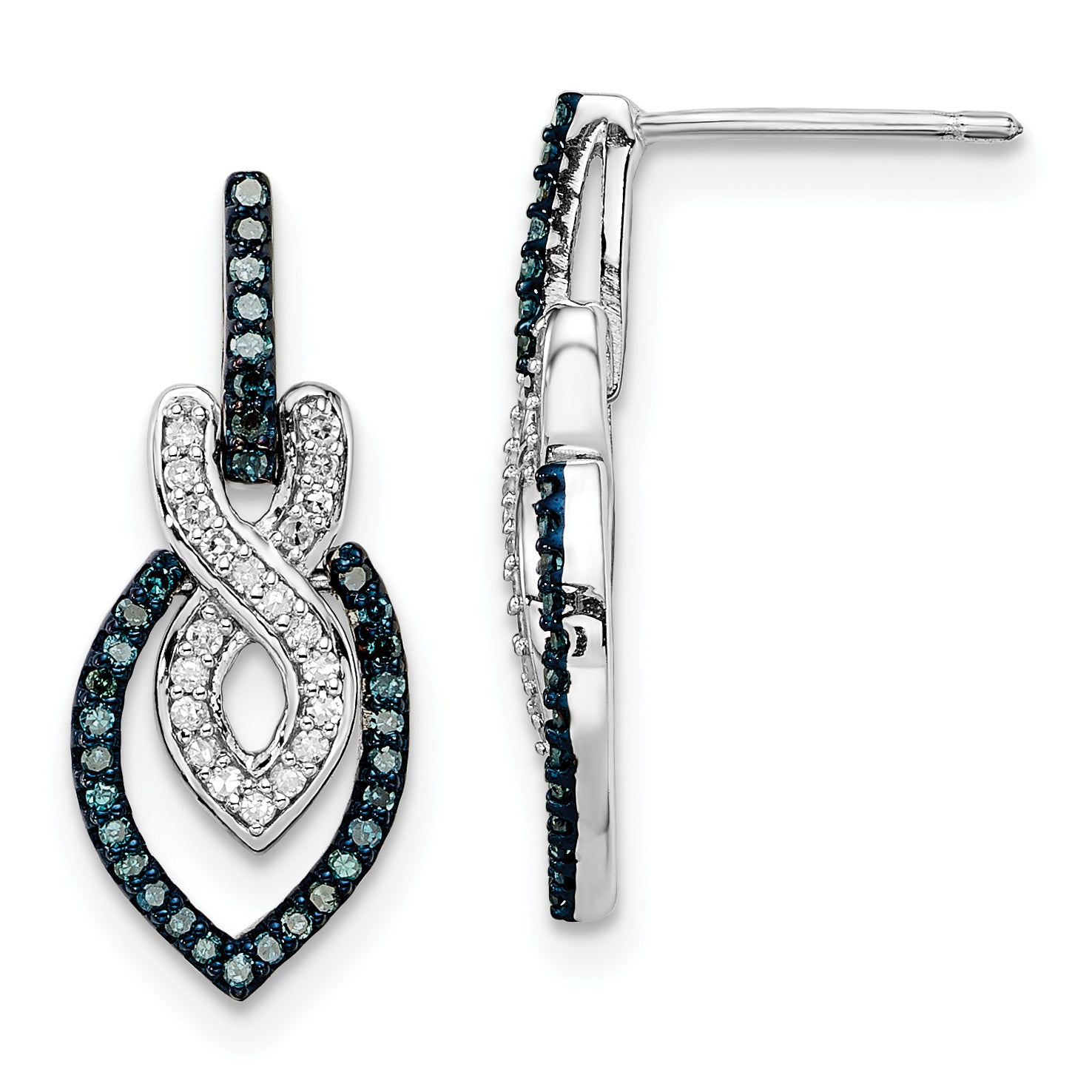 White Night Sterling Silver Rhodium-plated Blue and White Diamond Dangle Post Earrings