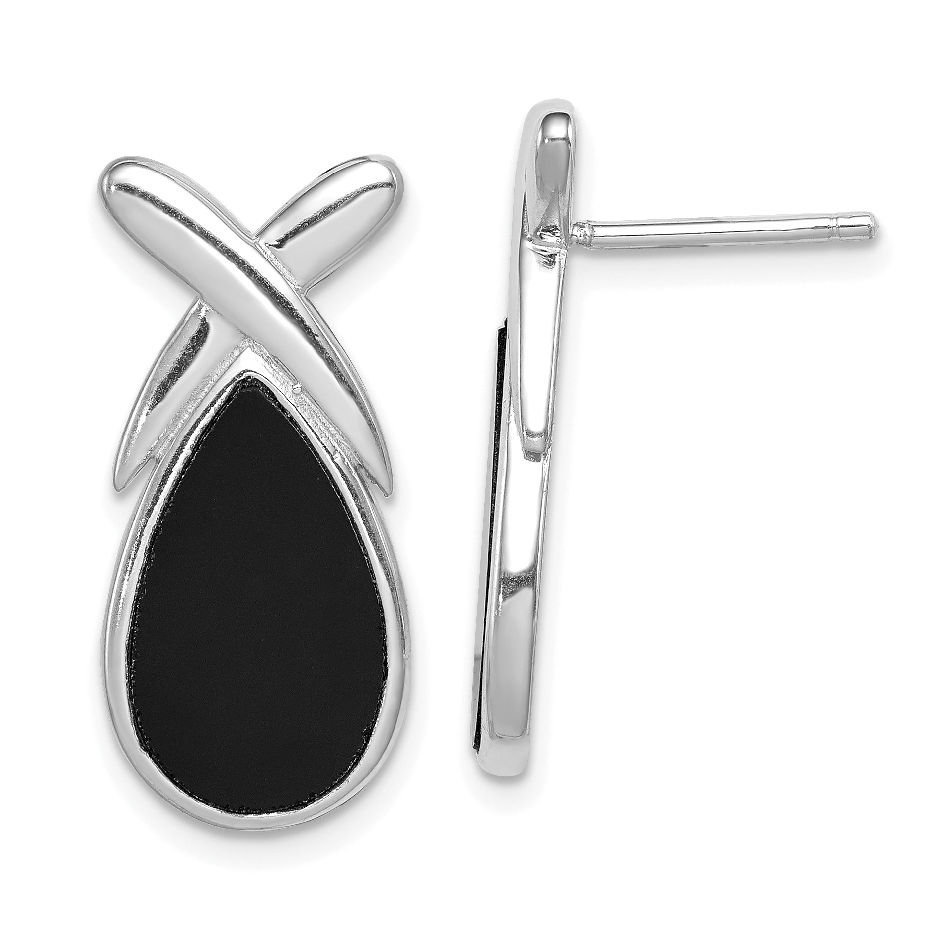 Sterling Silver Rhod-plated Polished Onyx Teardrop X Post Drop Earrings