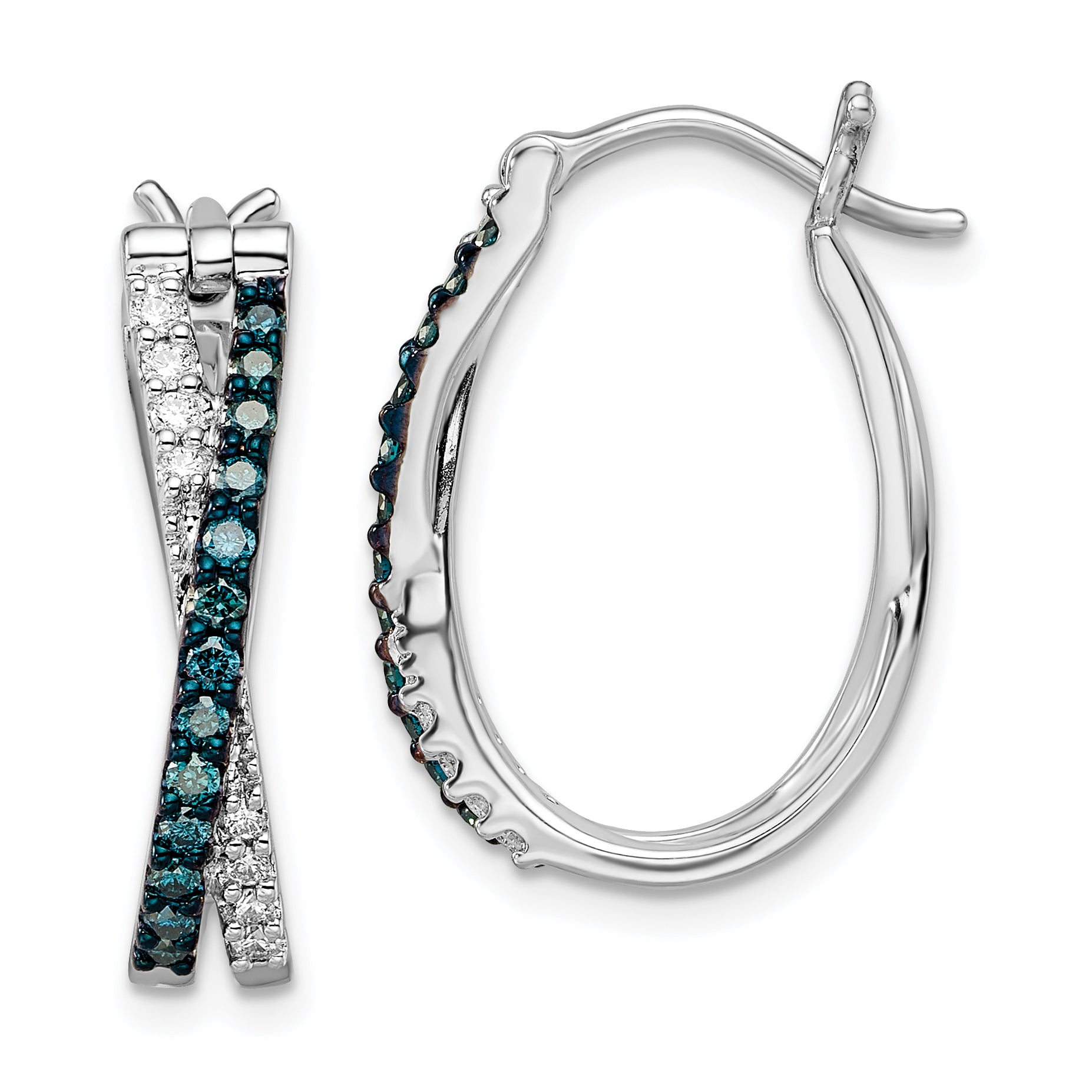 White Night Sterling Silver Rhodium-plated White and Blue Diamond Hinged Hoop Earrings Main image
