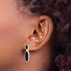 Sterling Silver Rhodium-Plated Oval Onyx Dangle Earrings Polished Finish