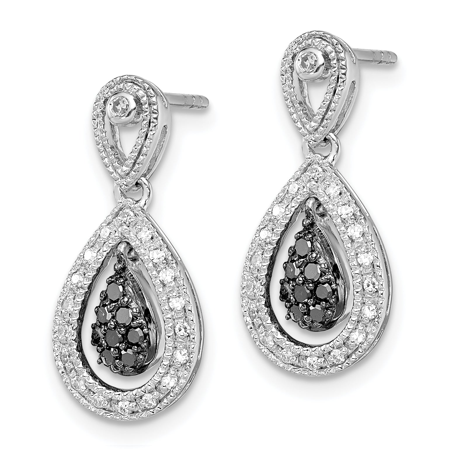 White Night Sterling Silver Rhodium-plated Black and White Diamond Double Teardrop Dangle Post Earrings
