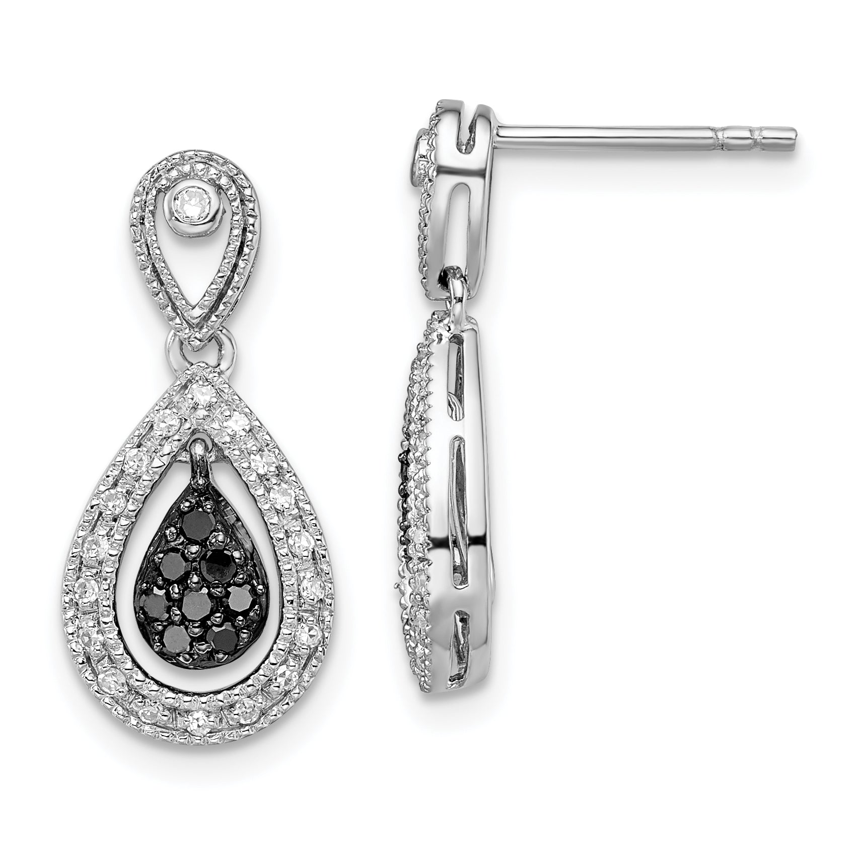 White Night Sterling Silver Rhodium-plated Black and White Diamond Double Teardrop Dangle Post Earrings Main image