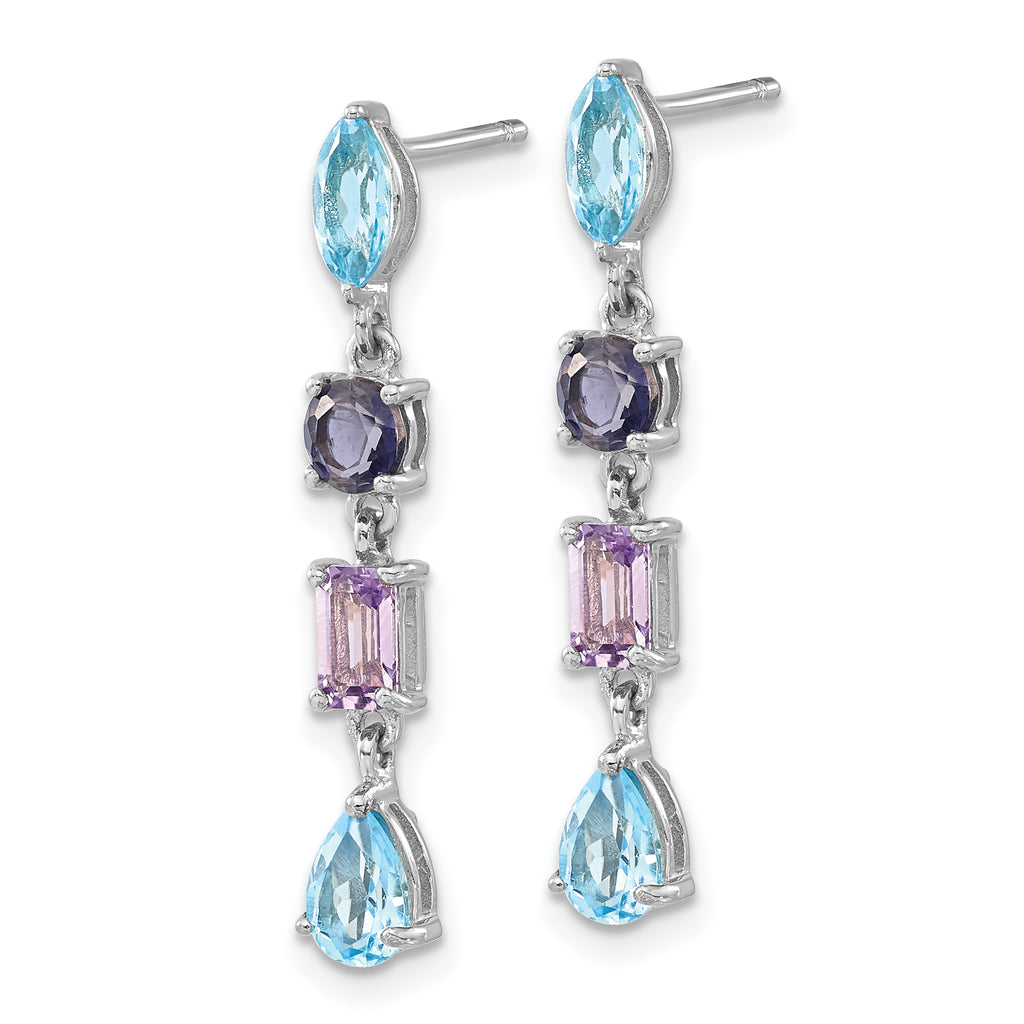 Sterling Silver Rhodium Dangle Earrings with Amethyst, Blue Topaz & Iolite