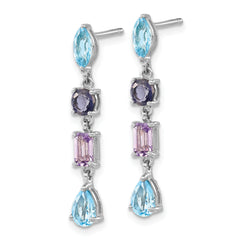 Sterling Silver Rhodium Dangle Earrings with Amethyst, Blue Topaz & Iolite