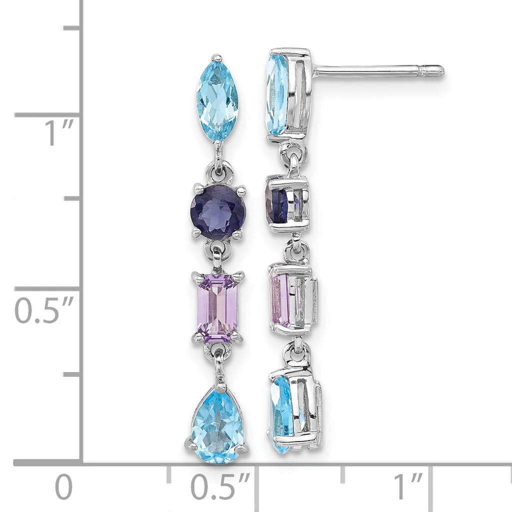 Sterling Silver Rhodium Dangle Earrings with Amethyst, Blue Topaz & Iolite
