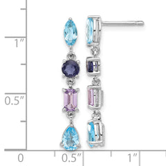 Sterling Silver Rhodium Dangle Earrings with Amethyst, Blue Topaz & Iolite