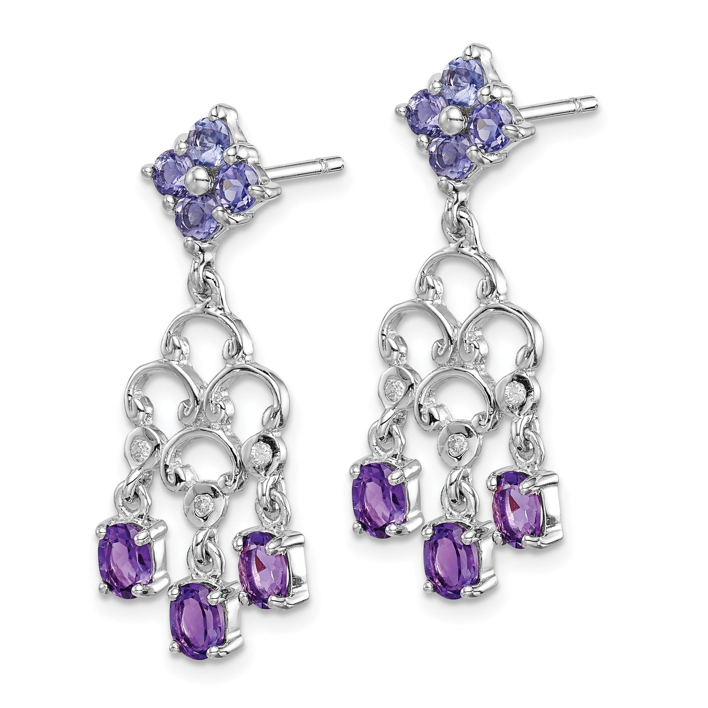Sterling Silver Amethyst Iolite Diamond Dangle Earrings with Rhodium Plating