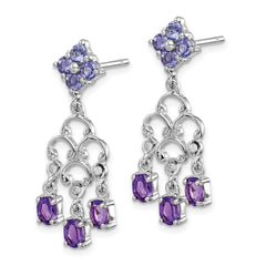 Sterling Silver Amethyst Iolite Diamond Dangle Earrings with Rhodium Plating