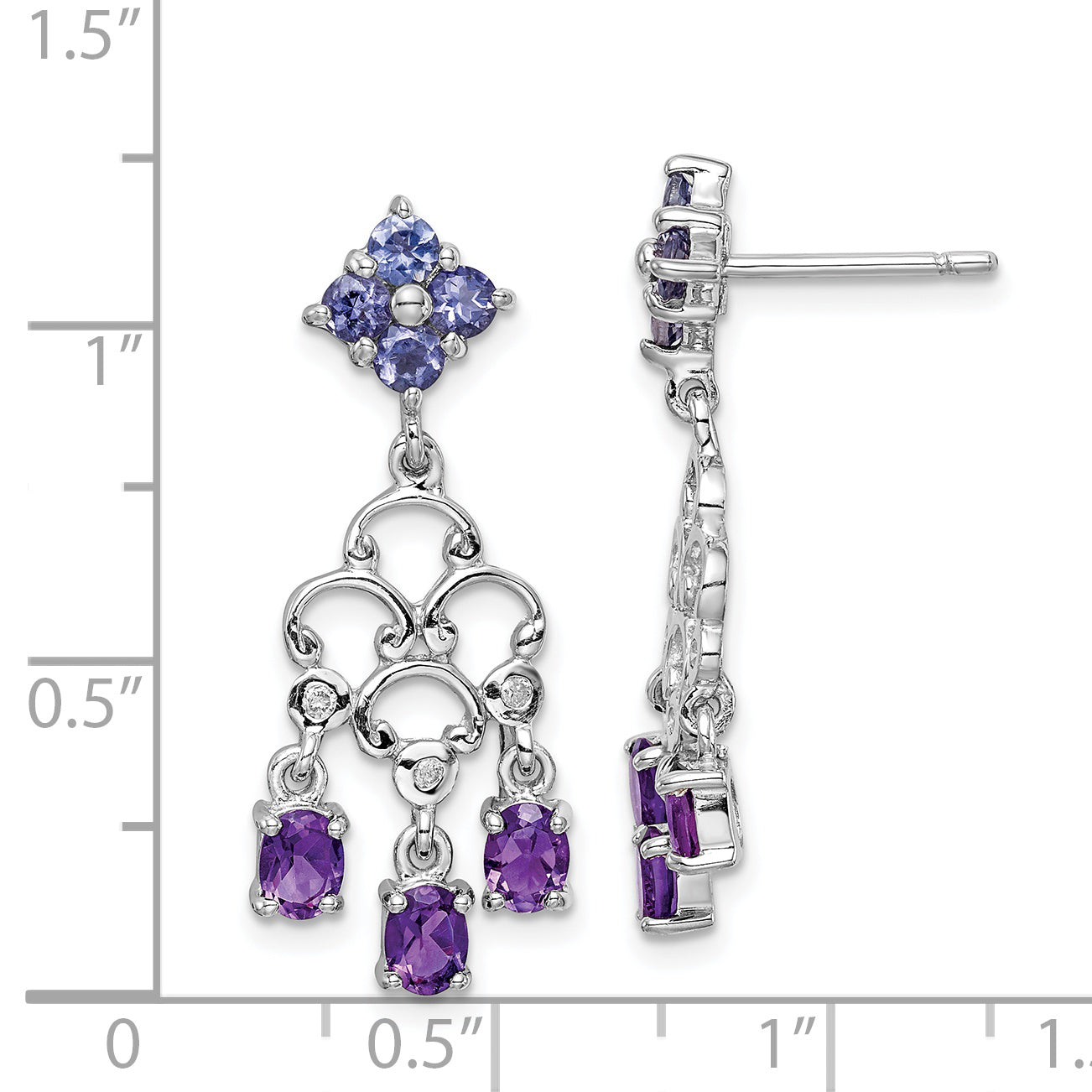 Sterling Silver Amethyst Iolite Diamond Dangle Earrings with Rhodium Plating