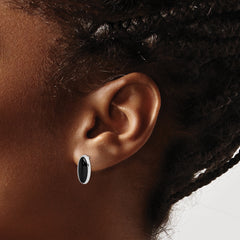 Sterling Silver Rhodium-Plated Oval Onyx Drop Earrings in Polished Finish