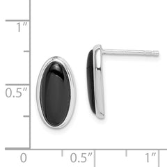 Sterling Silver Rhodium-Plated Oval Onyx Drop Earrings in Polished Finish