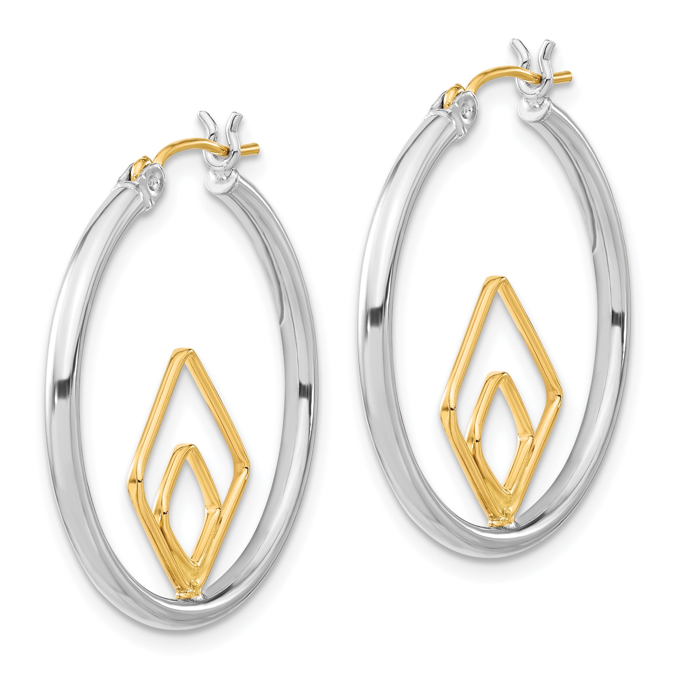 Sterling Silver & 14ky Polished Diamond-shape & Round Hoop Earrings