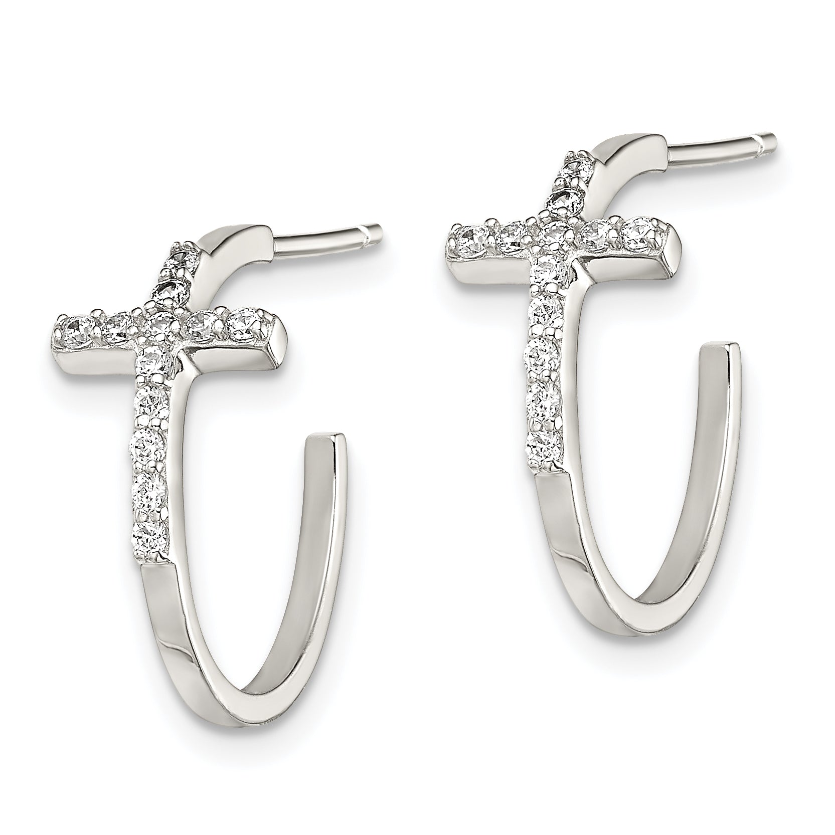 Sterling Silver Rhodium-Plated CZ Cross Hoop Earrings  Polished Elegant Design Secondary image
