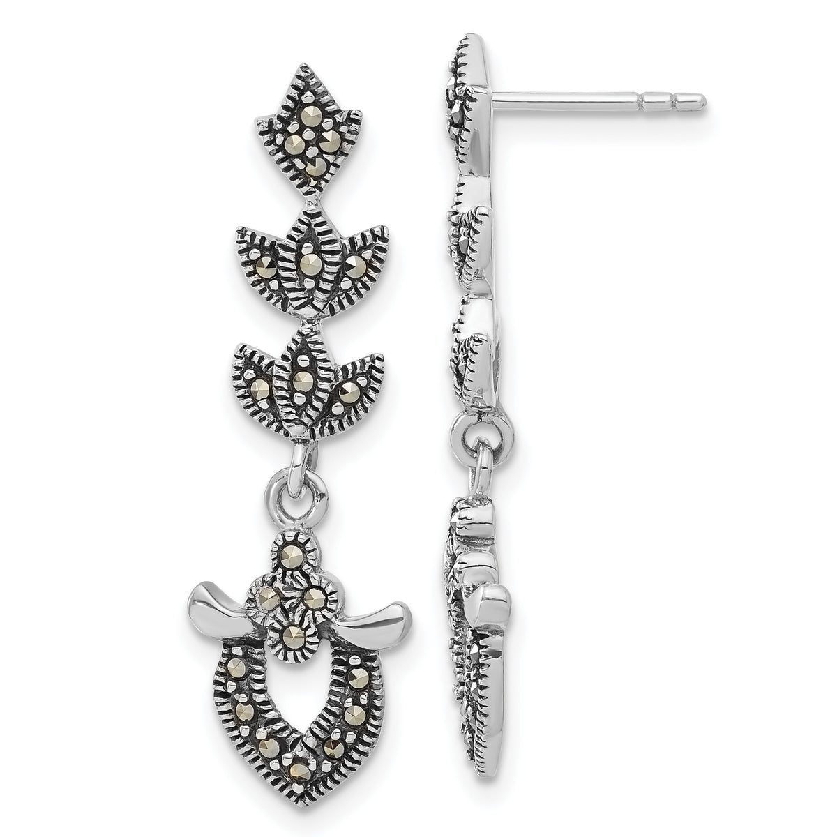 Sterling Silver Antiqued Marcasite Fancy Post Dangle Earrings