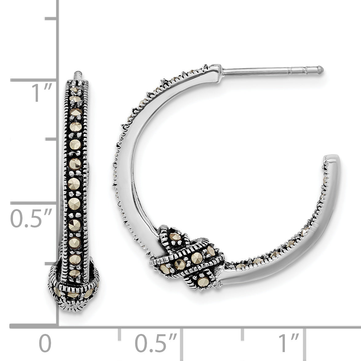 Sterling Silver Antiqued Marcasite In & Out Post Hoop Earrings