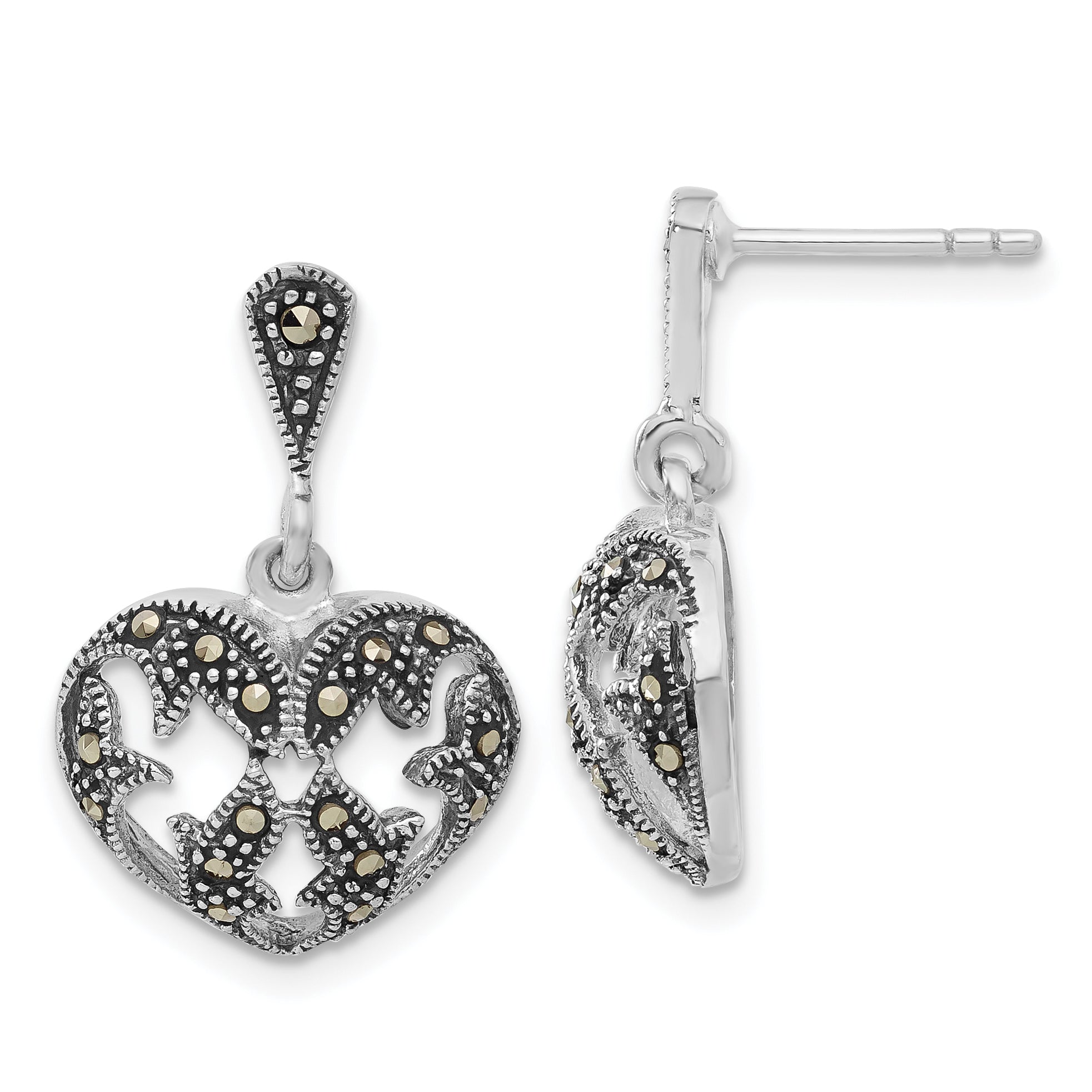 Sterling Silver Antiqued Marcasite Heart Dangle Post Earrings Main image