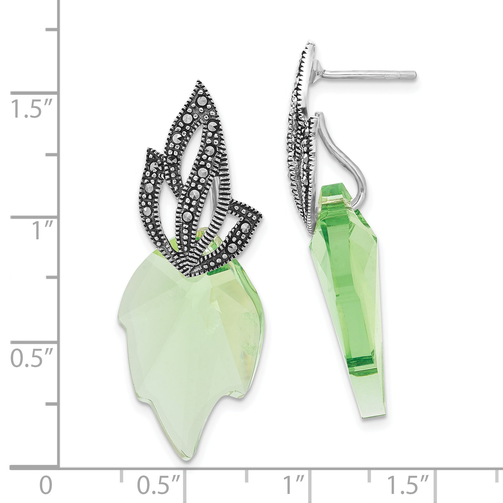 Sterling Silver Leaf Dangle Earrings with Green Swarovski Crystals & Marcasite