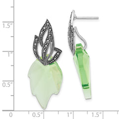Sterling Silver Leaf Dangle Earrings with Green Swarovski Crystals & Marcasite