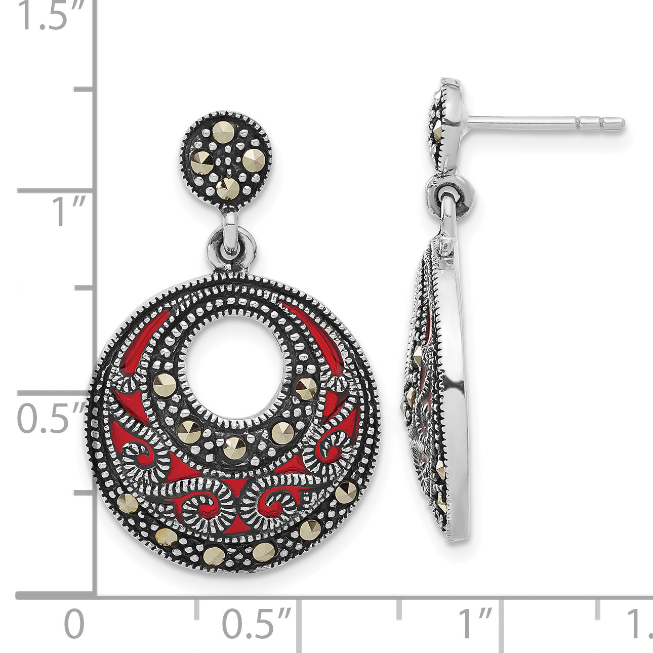 Sterling Silver Marcasite & Red Epoxy Dangle Post Earrings
