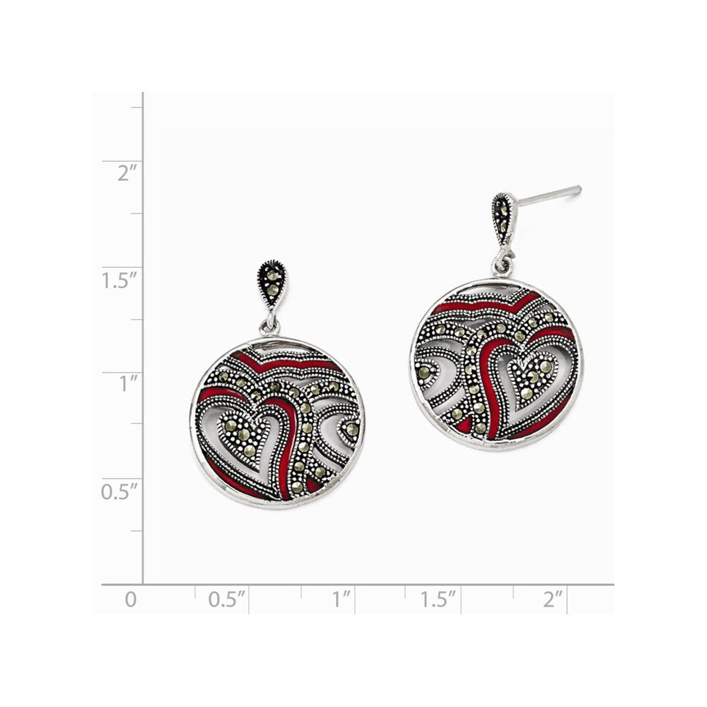 Sterling Silver Marcasite & Red Epoxy Heart Dangle Post Earrings