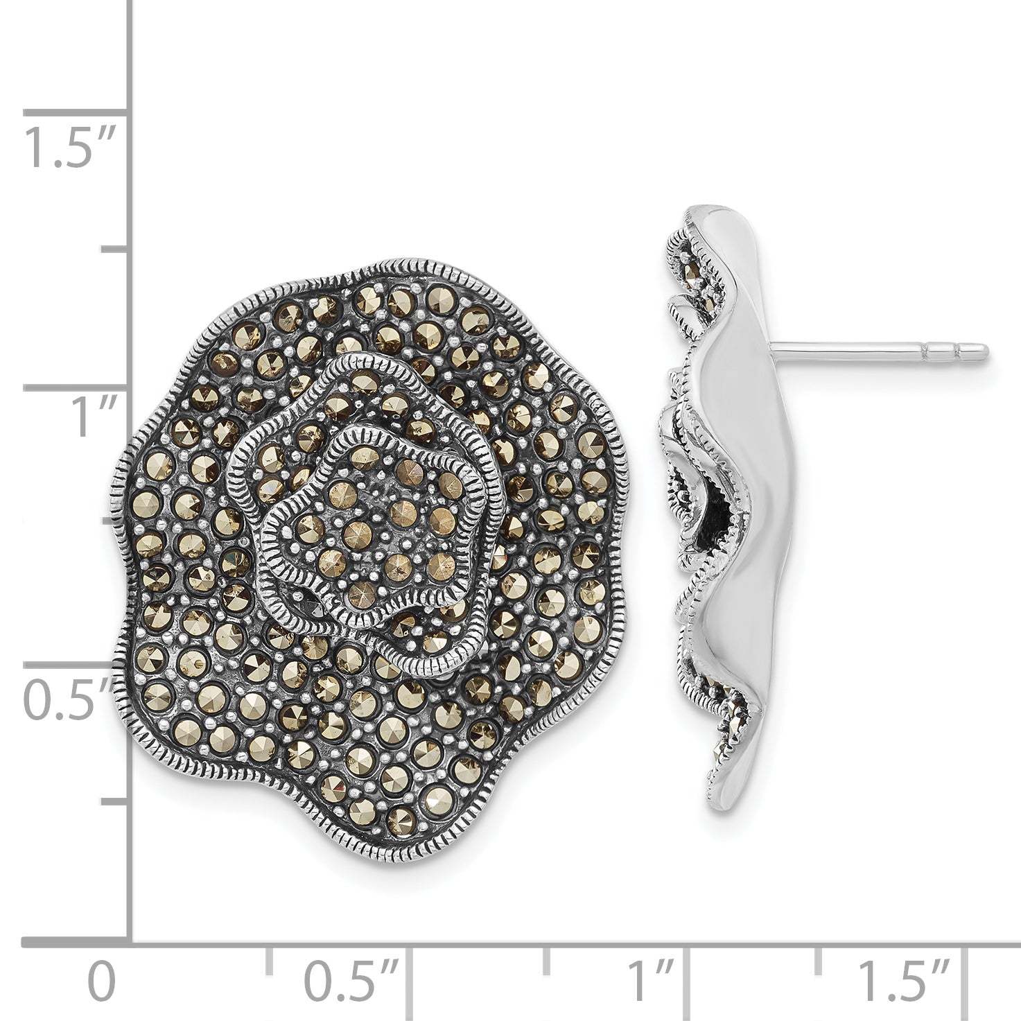 Sophia Jewelers 925 Sterling Silver Marcasite Floral Button Earrings Vintage Finish Secondary image