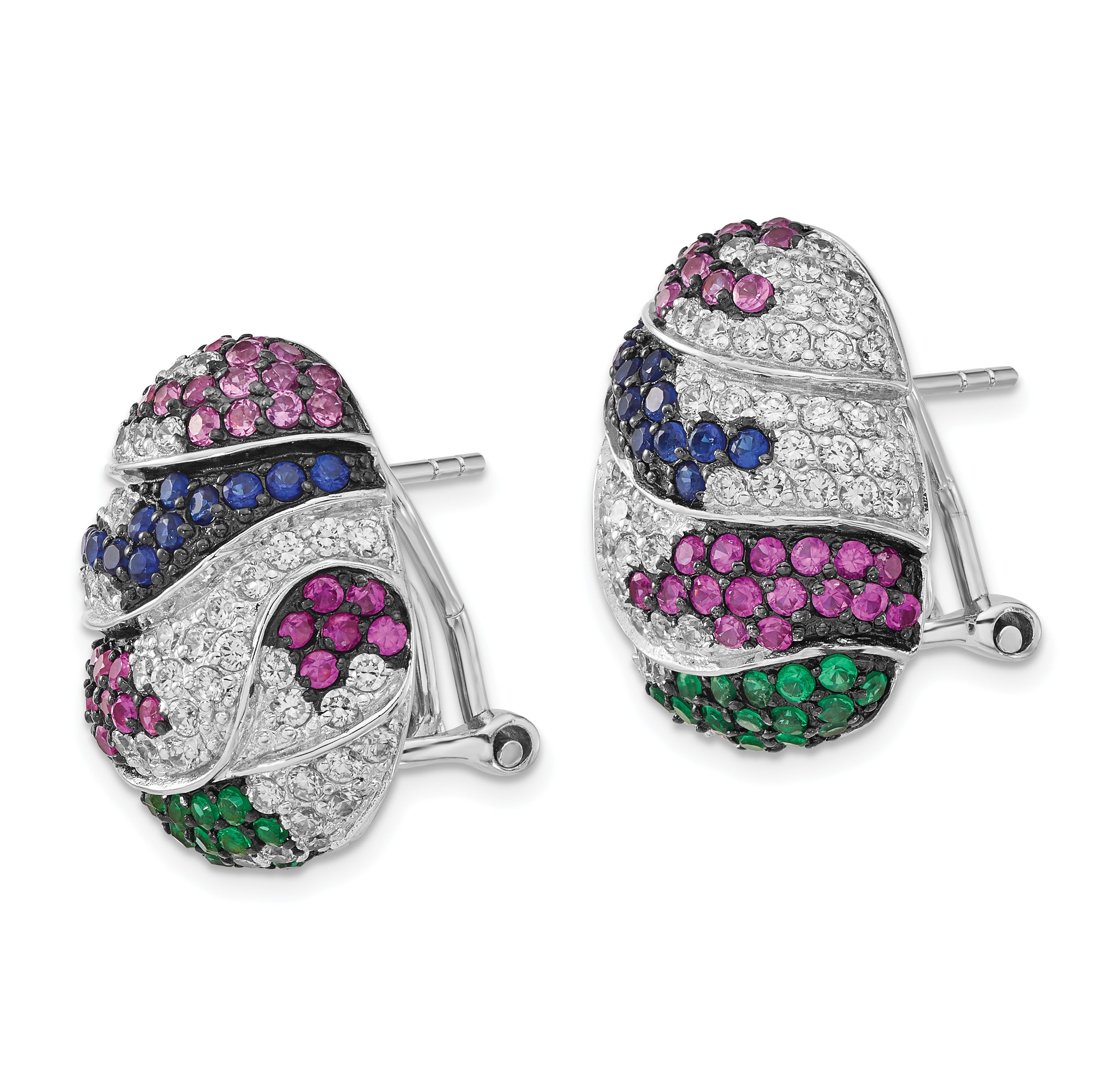 Sterling Silver w/ Black Rhodium Blue & Green Glass, Synthetic Ruby & CZ Omega Back Earrings