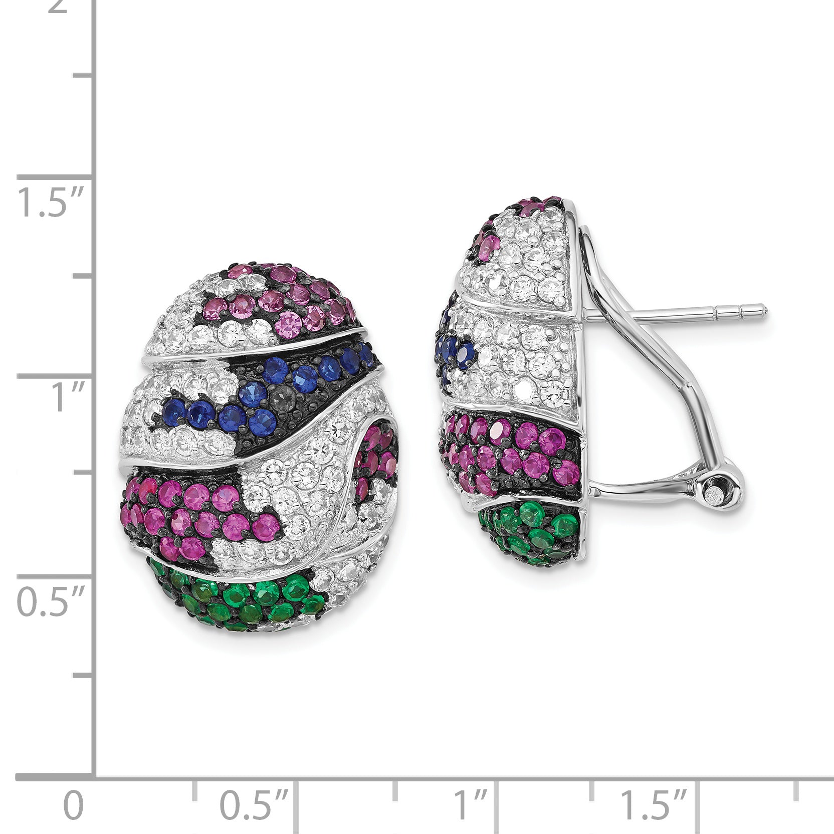 Sterling Silver w/ Black Rhodium Blue & Green Glass, Synthetic Ruby & CZ Omega Back Earrings