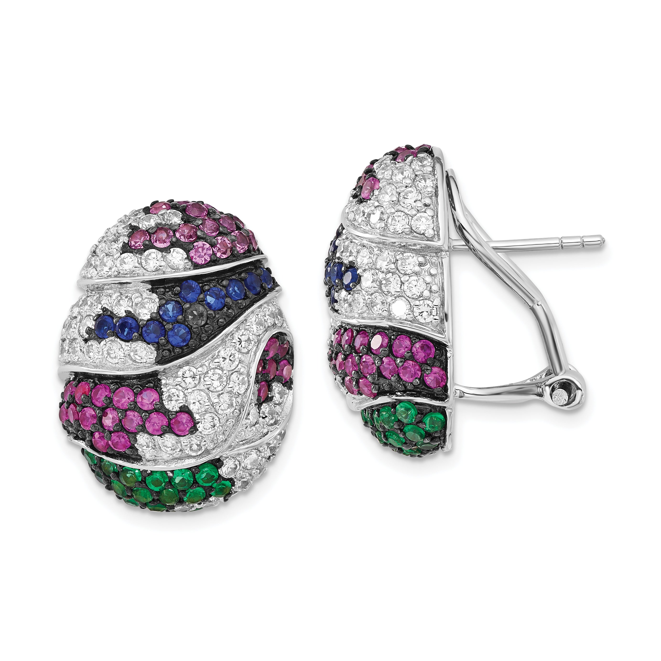 Sterling Silver w/ Black Rhodium Blue & Green Glass, Synthetic Ruby & CZ Omega Back Earrings