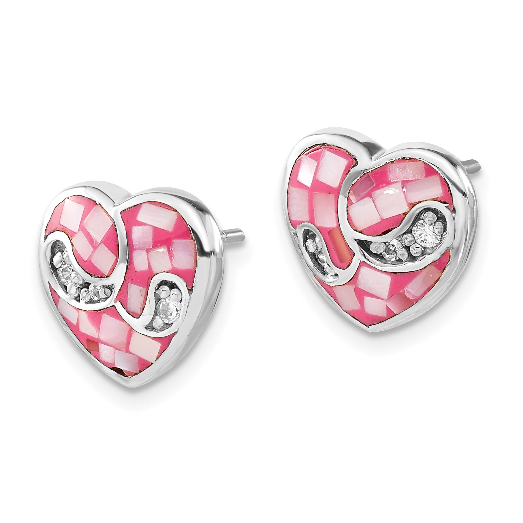 Sterling Silver 925 Heart Earrings with Pink Mother of Pearl & CZ Secondary image
