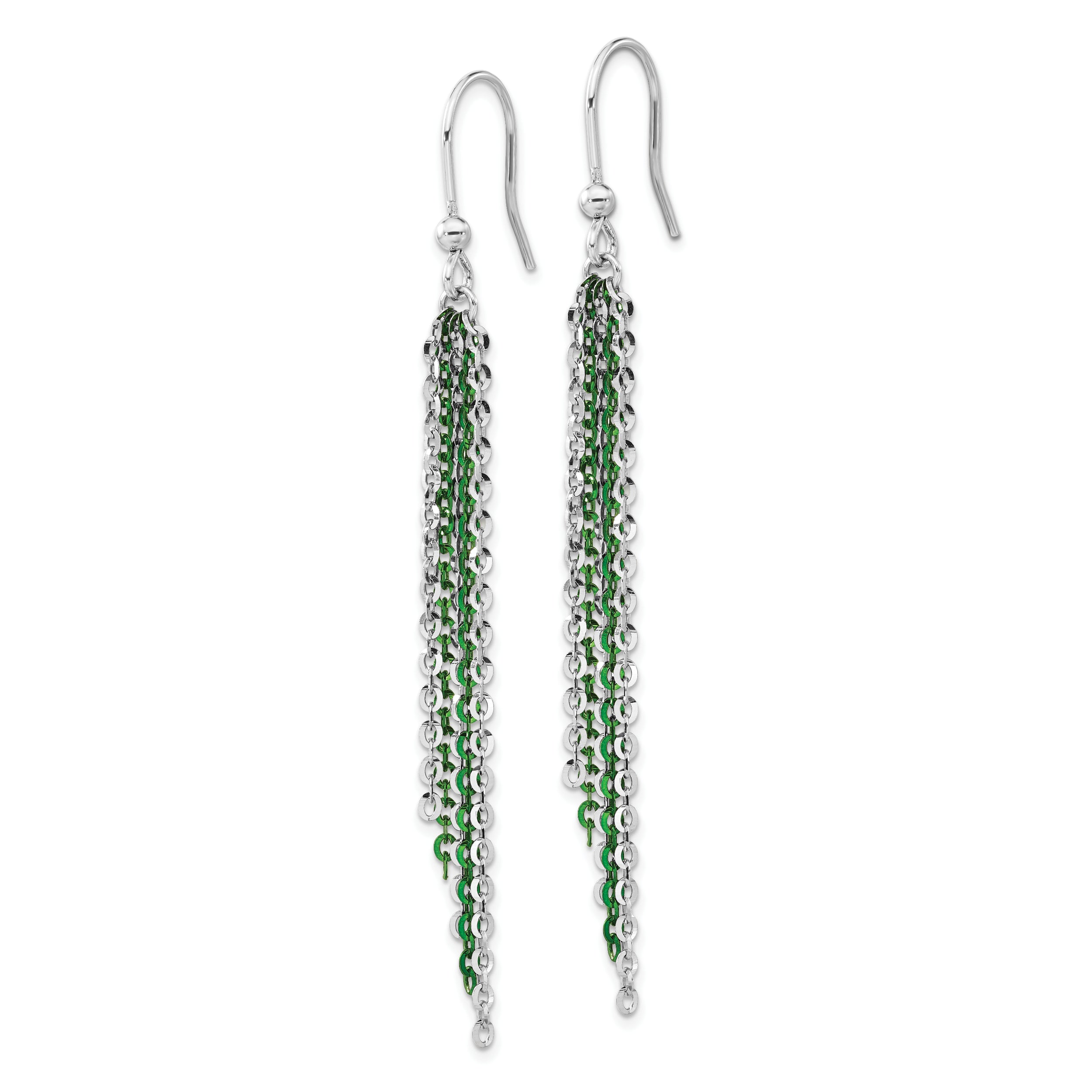Sterling Silver Rhodium & Green Plated Dangle Earrings 82.5mm French Wire