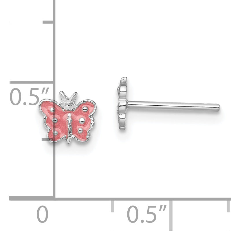 Sterling Silver Rhodium-Plated Pink Enameled Butterfly Earrings for Girls