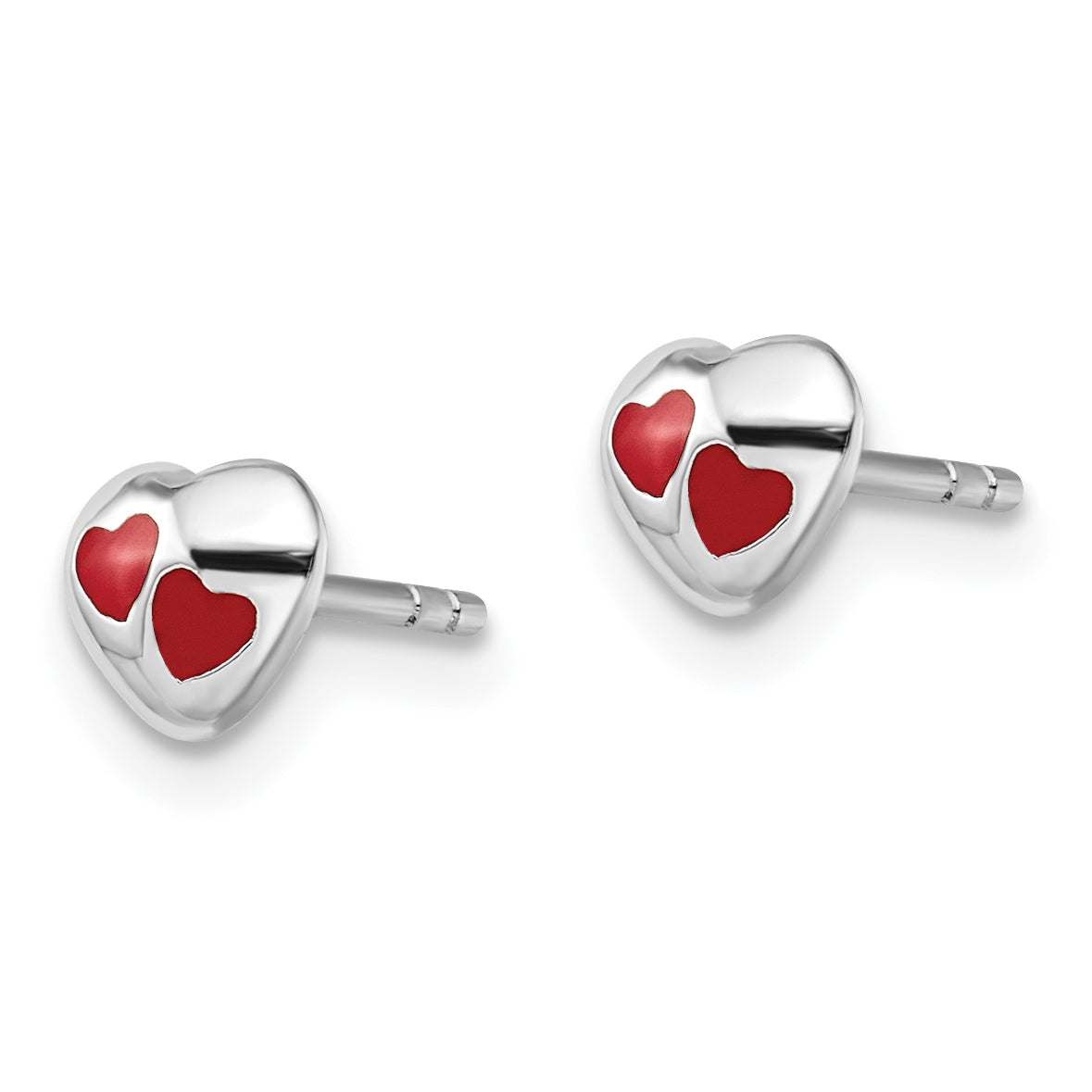 Sterling Silver RH Plated Child's Red Enameled Heart Post Earrings