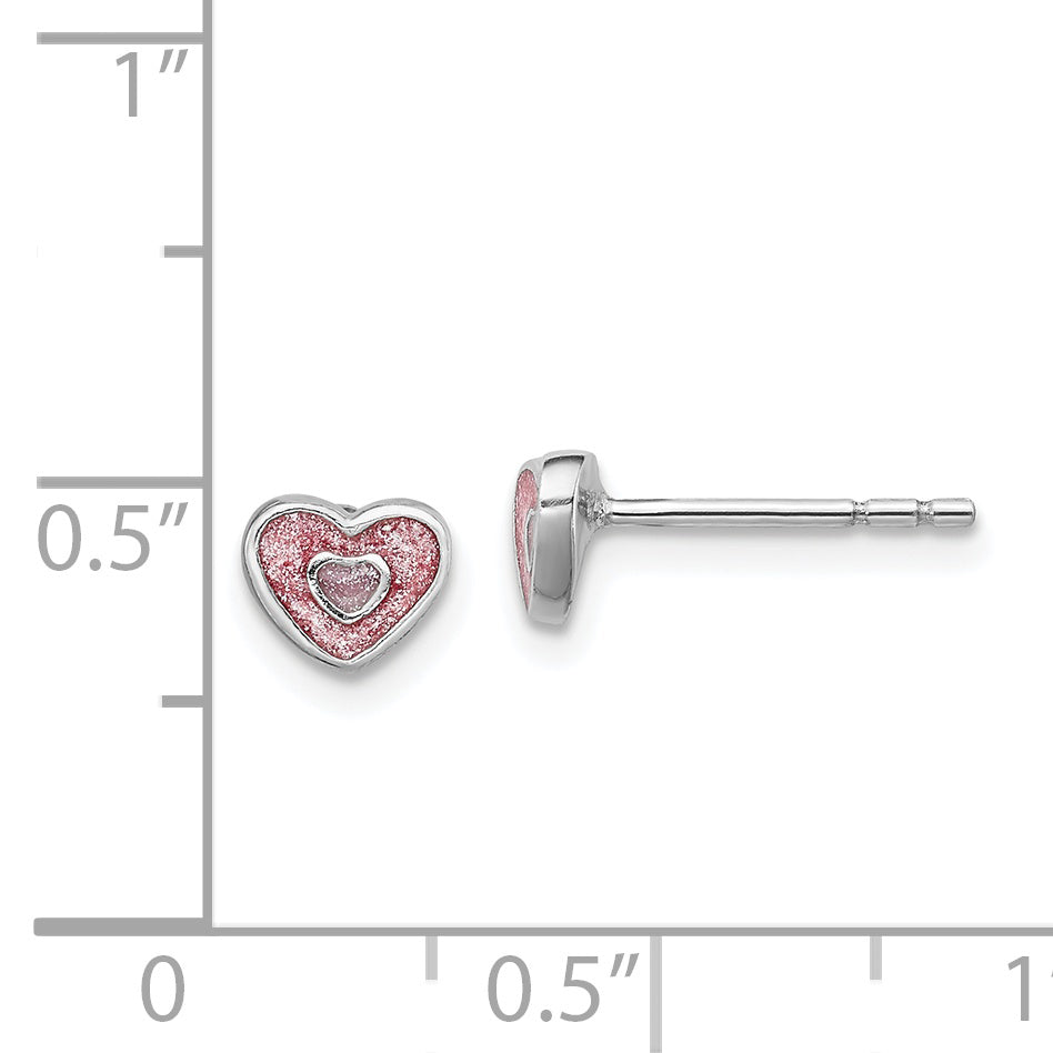 Sterling Silver Children's Heart Earrings with Pink Glitter Enamel and Rhodium Plating